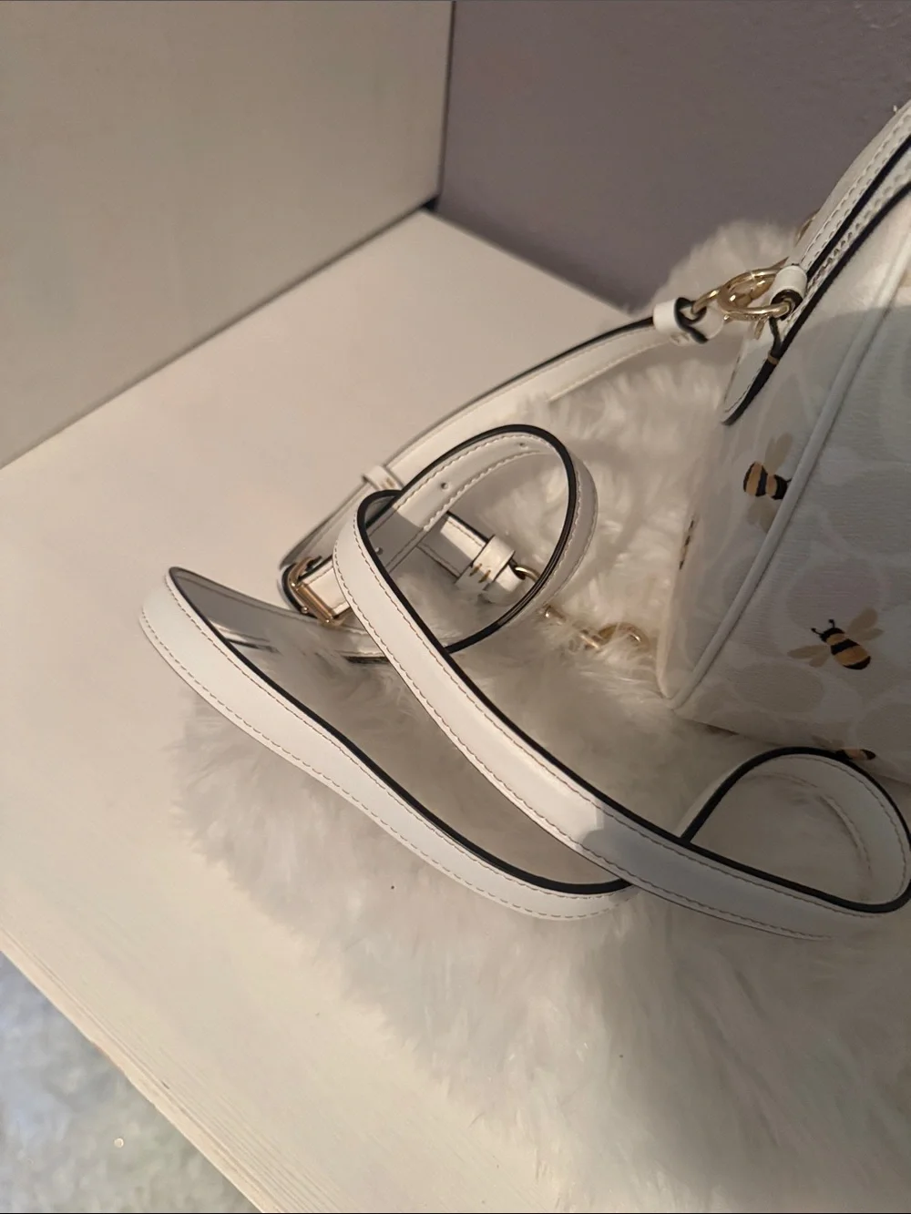Coach White Bee Print Satchel with Gold Hardware